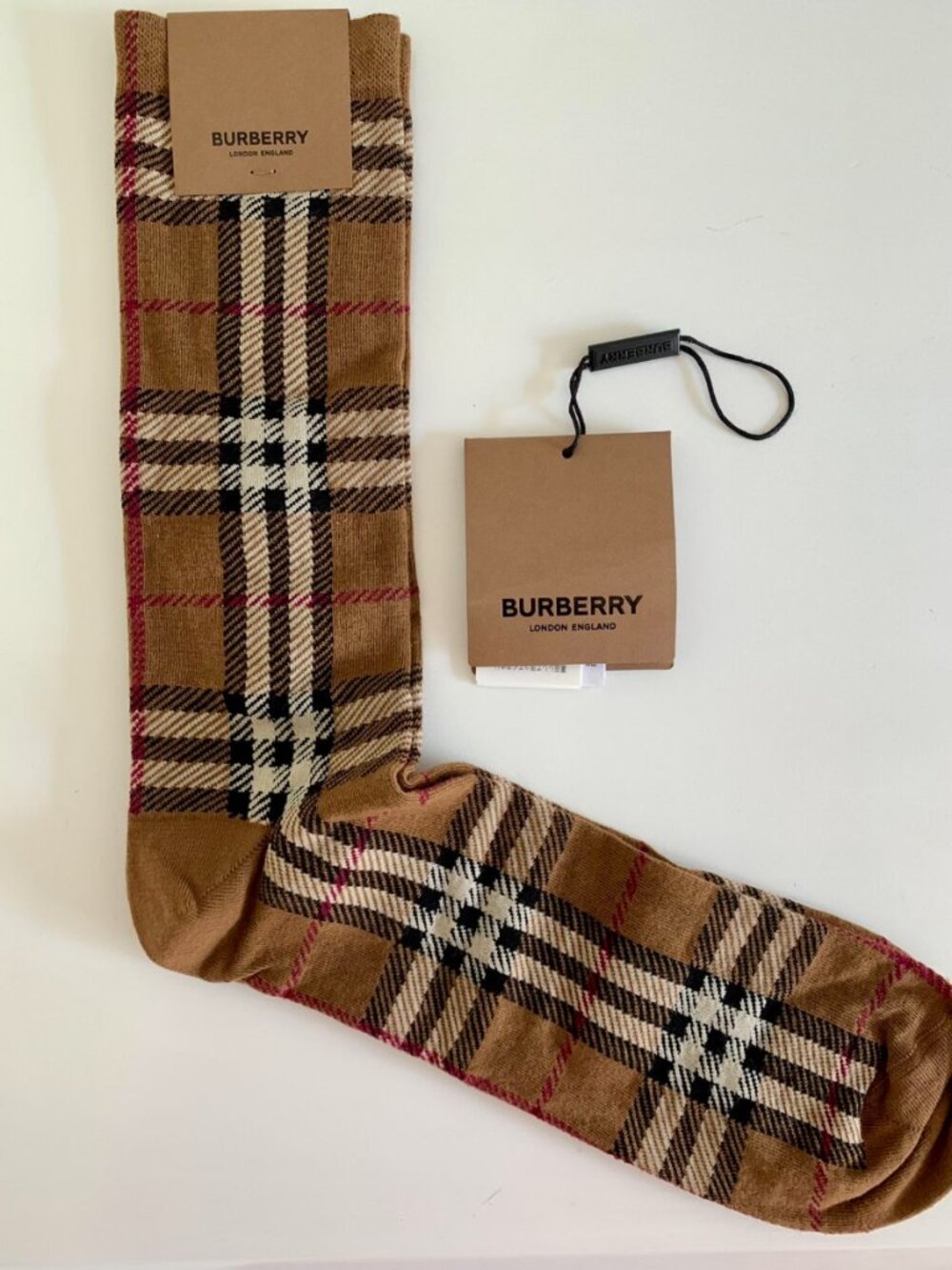 NEW! BURBERRY - Brown Intarsia Check Calf Socks Color: BIRCH BROWN